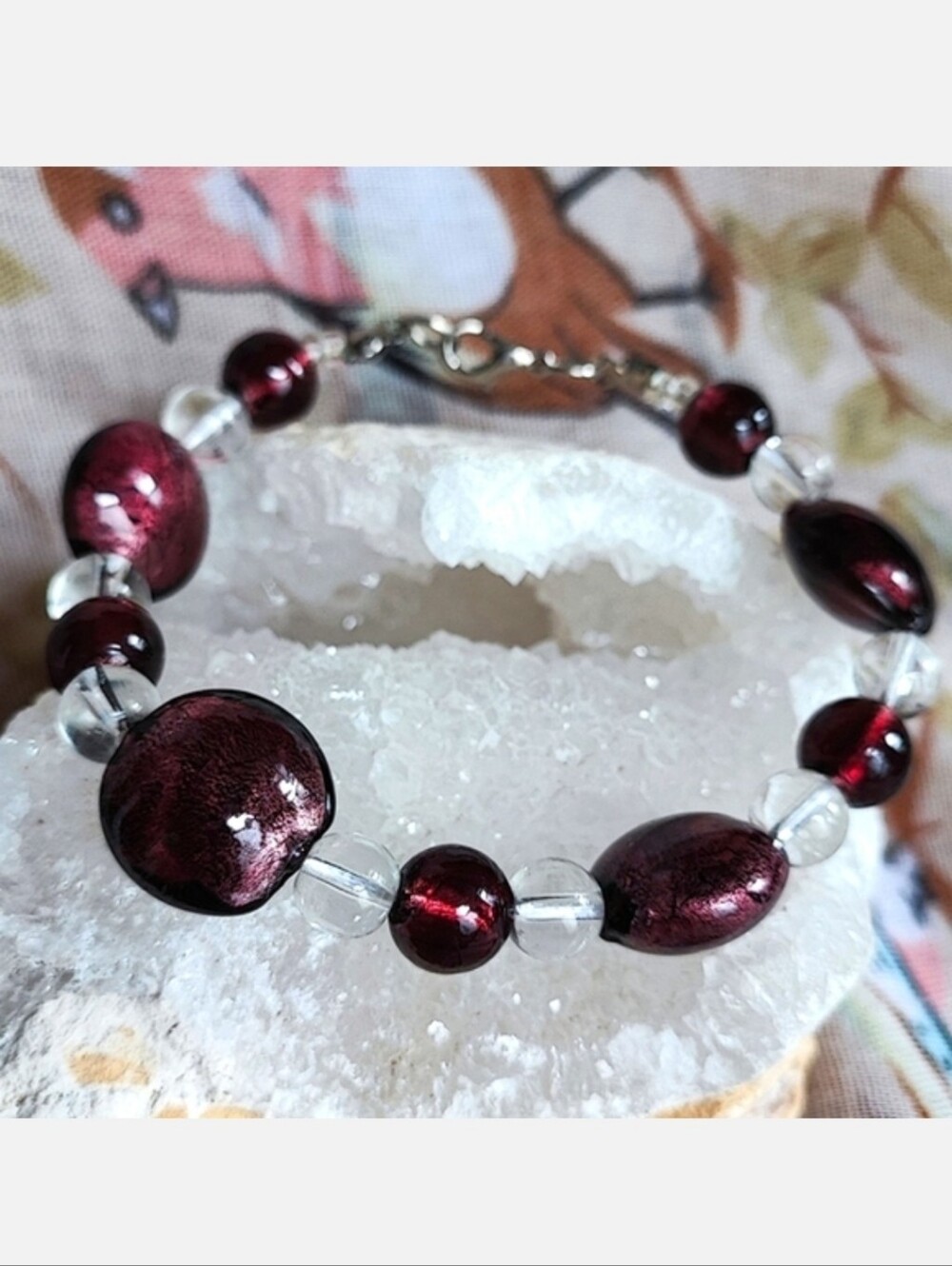 Purple Frosted Foil Glass and Clear Graduated Flat Bead Vintage Bracelet